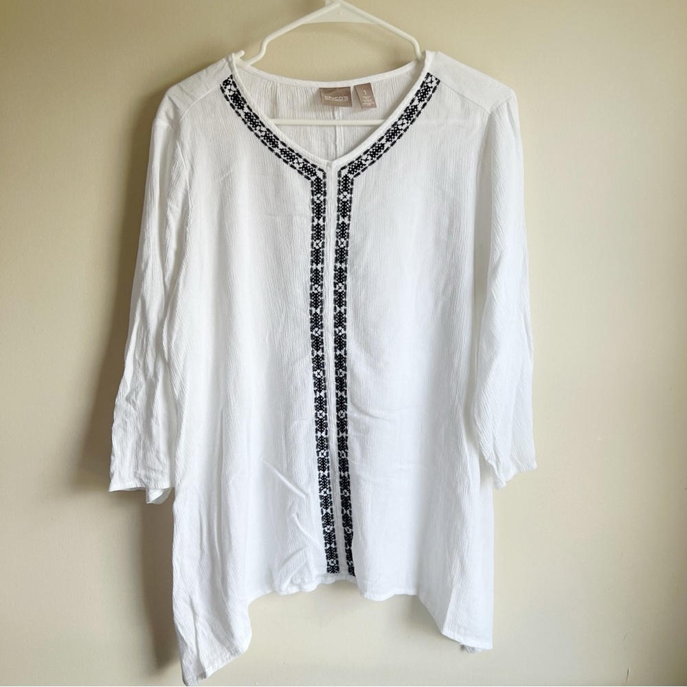 Chicos Black White Embroidered Cotton Gauze Tunic Blouse 1